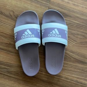 Purple adidas memory foam slides